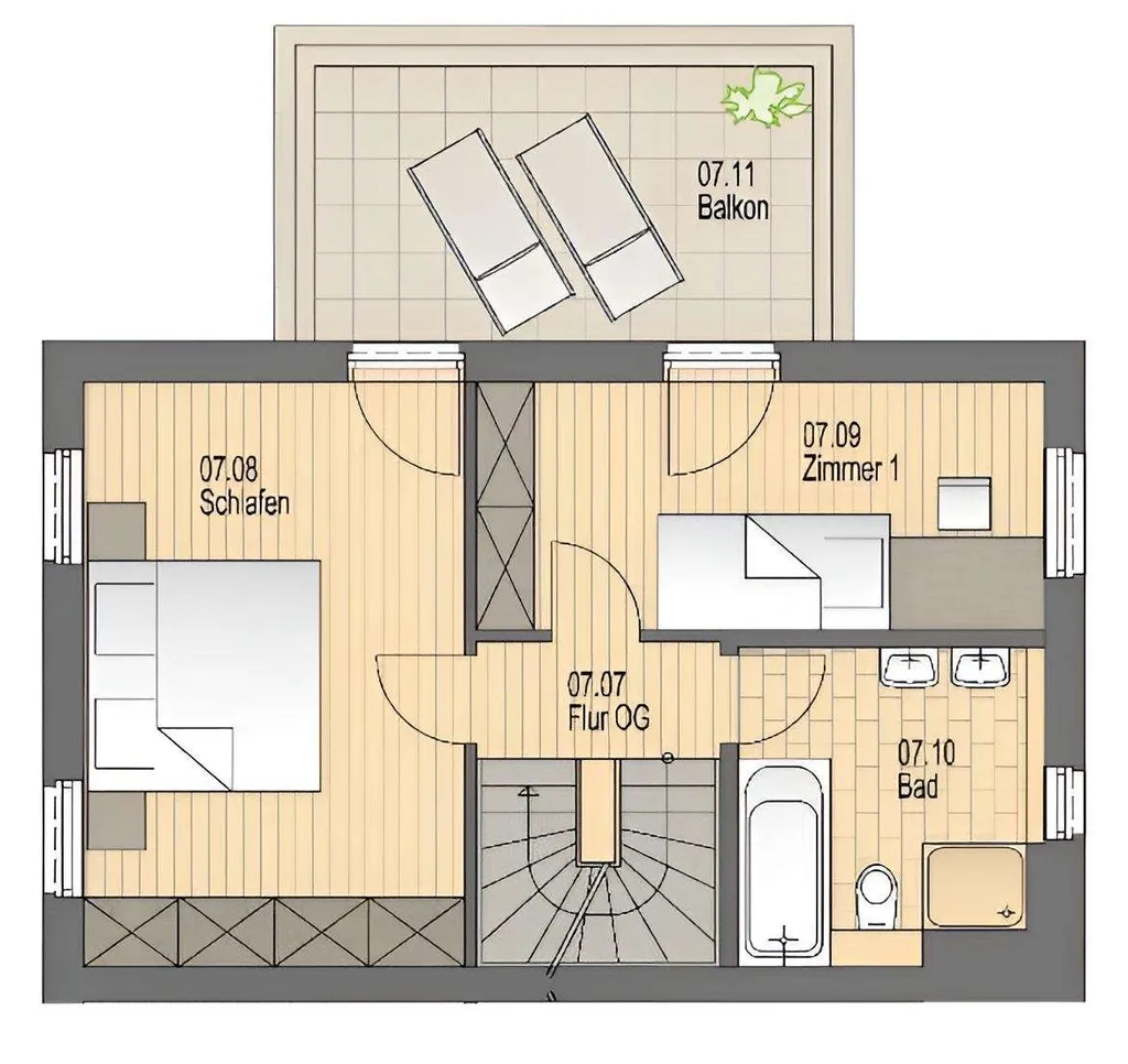 Grundriss OG mit Balkon – Das Flaggschiff des Hofs - fünf Zimmer auf drei Etagen, mit Wintergarten, Balkon und Garten