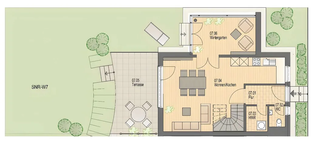 Grundriss EG mit Terrasse und WIntergarten – Das Flaggschiff des Hofs - fünf Zimmer auf drei Etagen, mit Wintergarten, Balkon und Garten