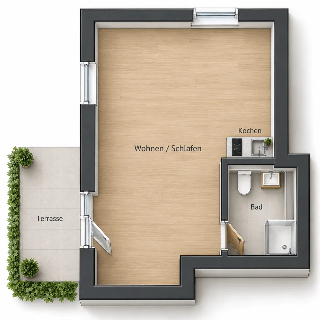 Grundriss – Zentral gelegene 1-Zimmer-Wohnung mit Terrasse nahe dem Dresdner Campus