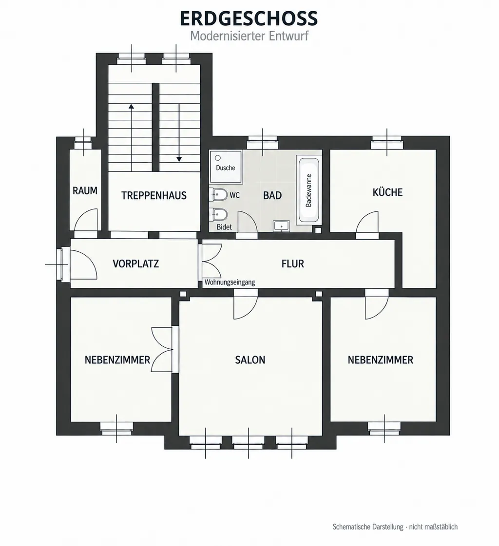 Grundriss – Wohnen auf 100 m² - Altbaucharme, hohe Decken und modernes Vollbad
