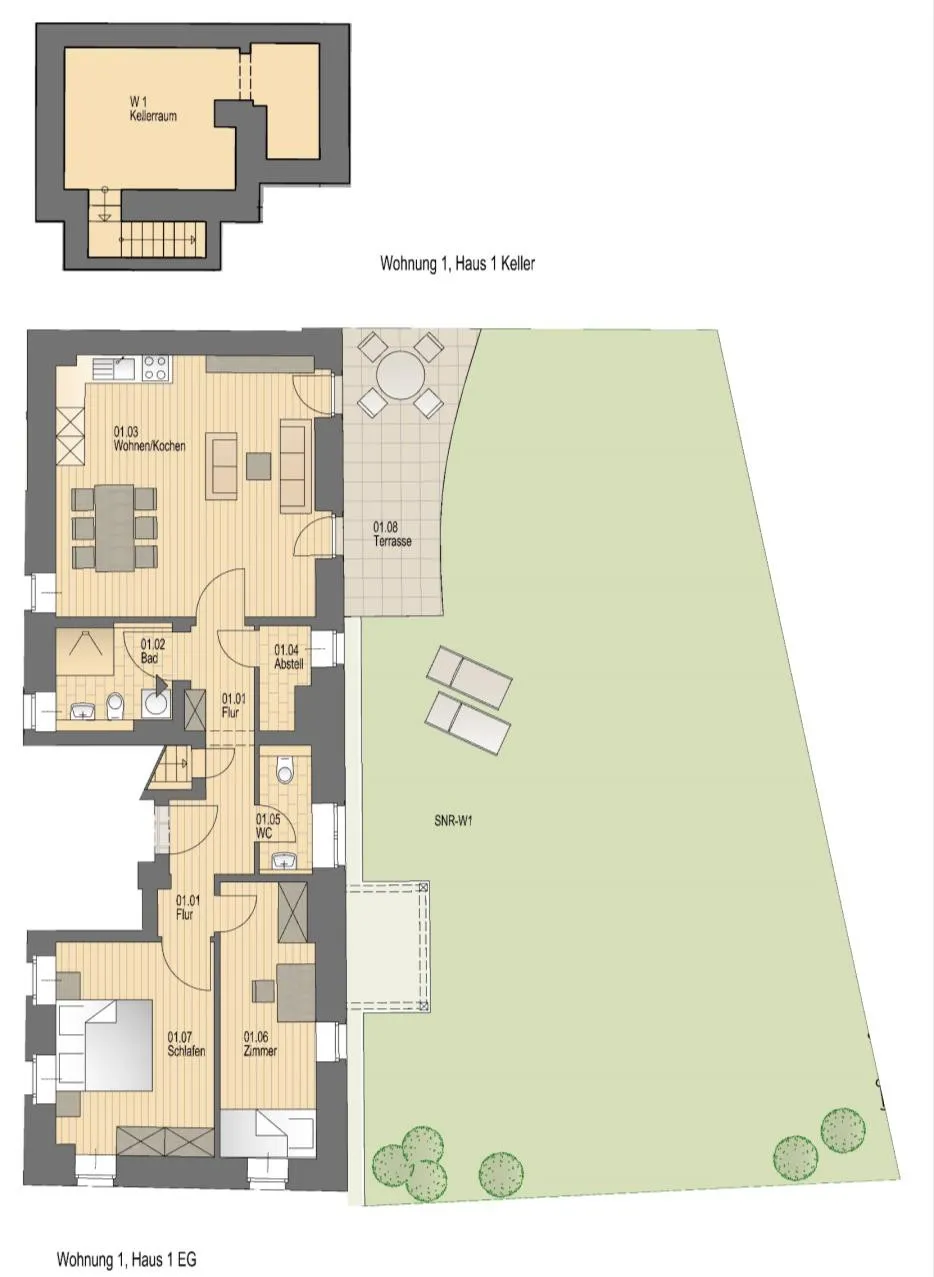 Grundriss der Wohnung 1 im Haus am Brunnen: Erdgeschoss mit Wohnen/Kochen, zwei Zimmern, Bad, Dusche/WC, Abstellraum und Terrasse.