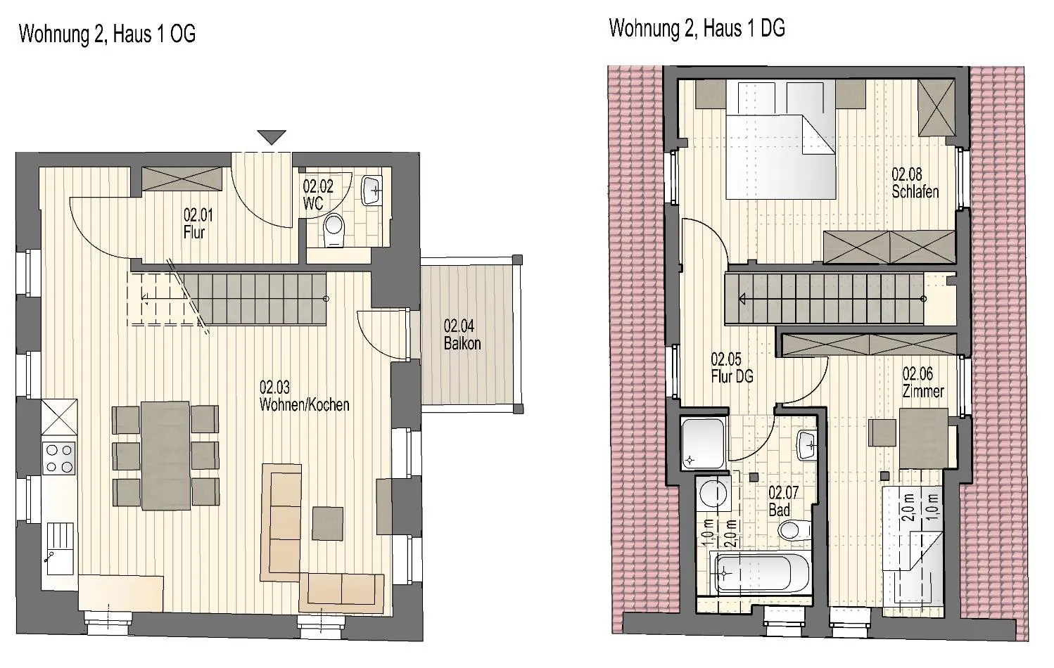 Grundriss der Wohnung 2 im Haus am Brunnen: Maisonette über Ober- und Dachgeschoss mit Wohnen/Kochen, Balkon, Zimmer, Schlafen und Bad.