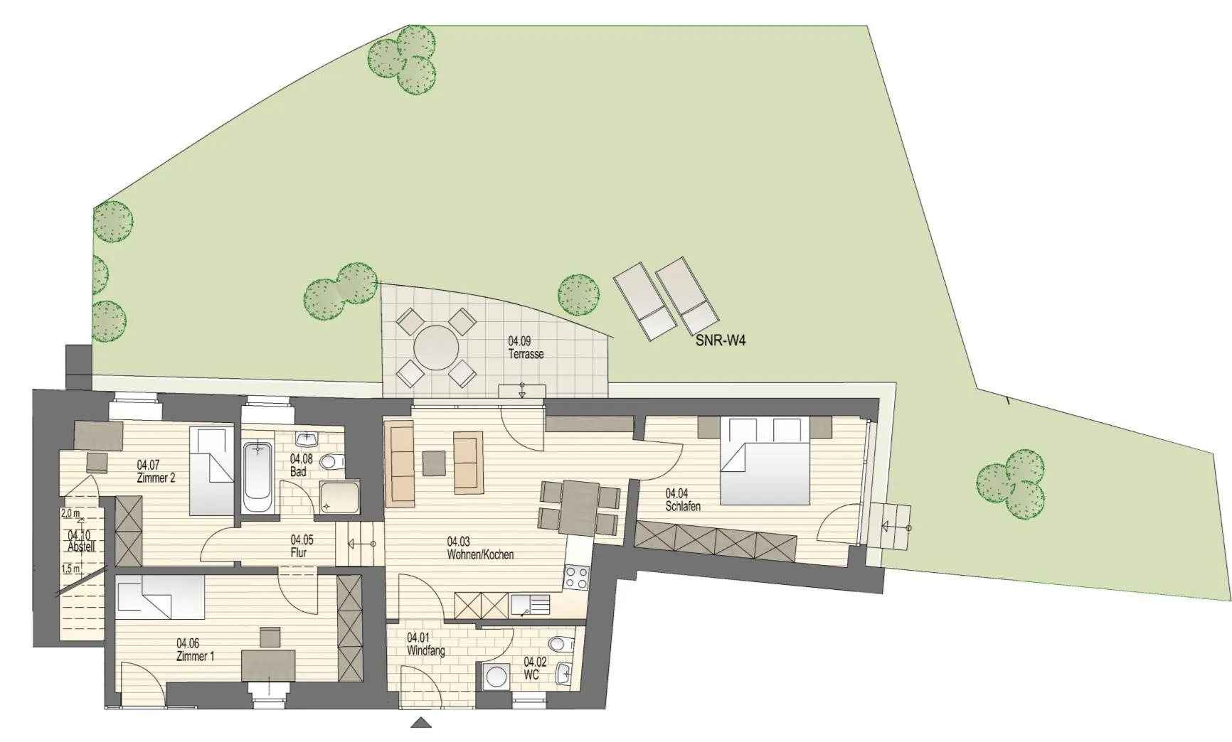 Grundriss der Wohnung 4 im Haus alte Scheune: Erdgeschoss mit Windfang, Wohnen/Kochen, drei weiteren Räumen, Bad, WC und Terrasse.