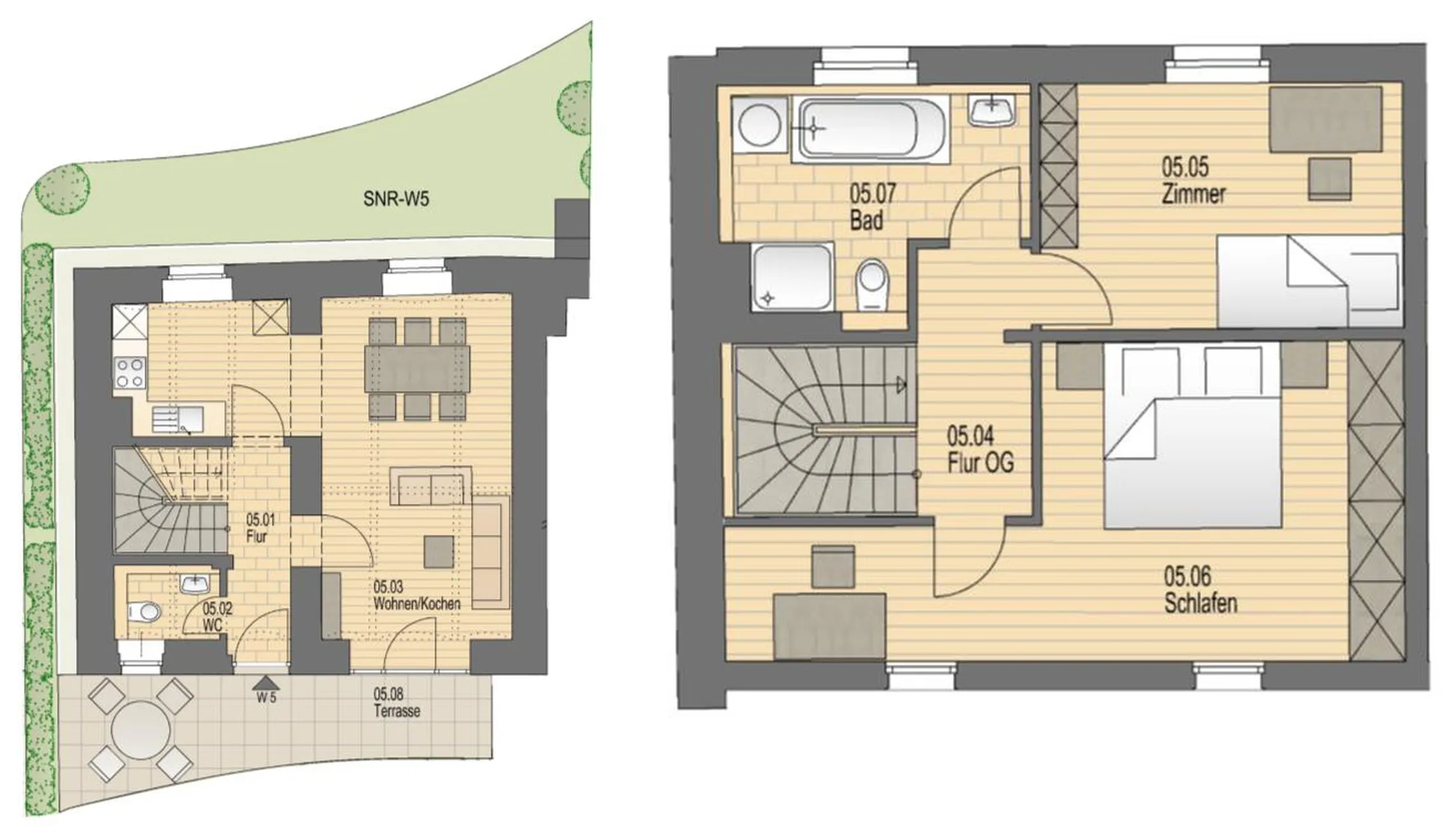 Grundriss der Wohnung 5 im Haus alte Scheune über Erd- und Obergeschoss mit Wohnen/Kochen, Terrasse, Zimmer, Schlafen und Bad.