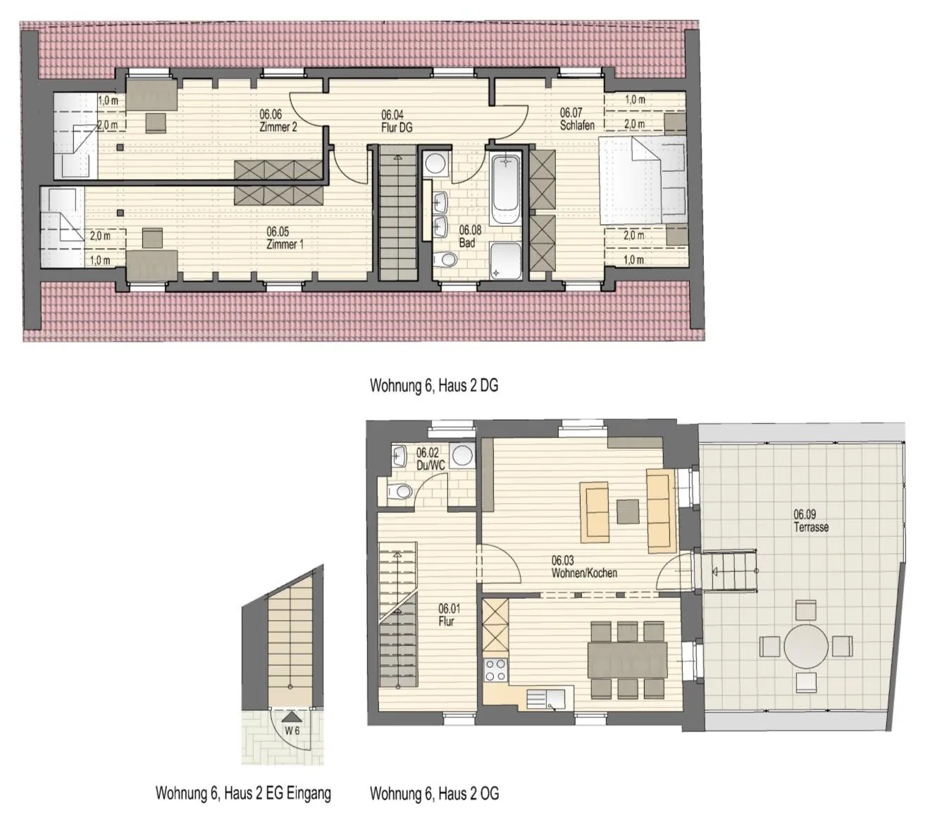 Grundriss der Wohnung 6 im Haus alte Scheune: Maisonette über Ober- und Dachgeschoss mit Wohnen/Kochen, Terrasse, zwei Zimmern, Schlafen und zwei Bädern.