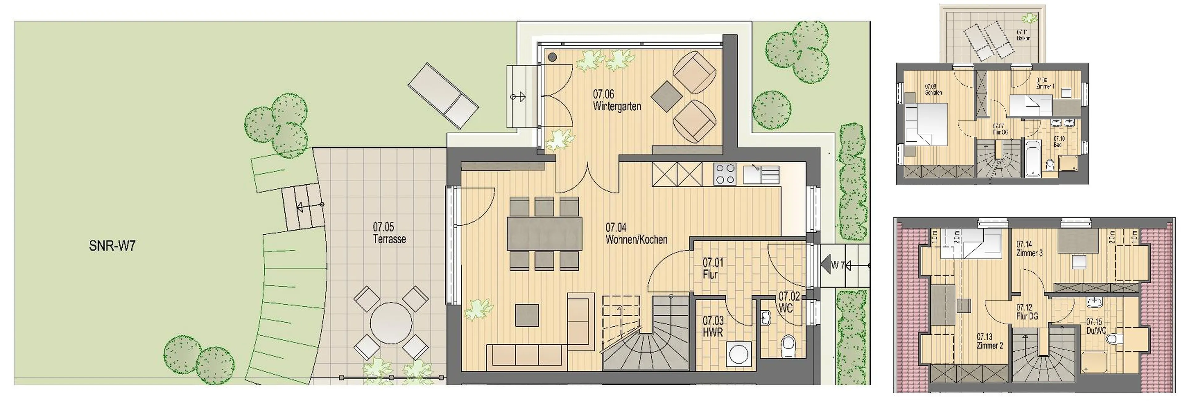 Grundriss der Wohnung 7 im Haus Erle über drei Etagen: Erdgeschoss mit Wohnen/Kochen, Wintergarten und Terrasse, Obergeschoss mit Schlafen, Zimmer, Bad und Balkon, Dachgeschoss mit zwei Zimmern und Duschbad.