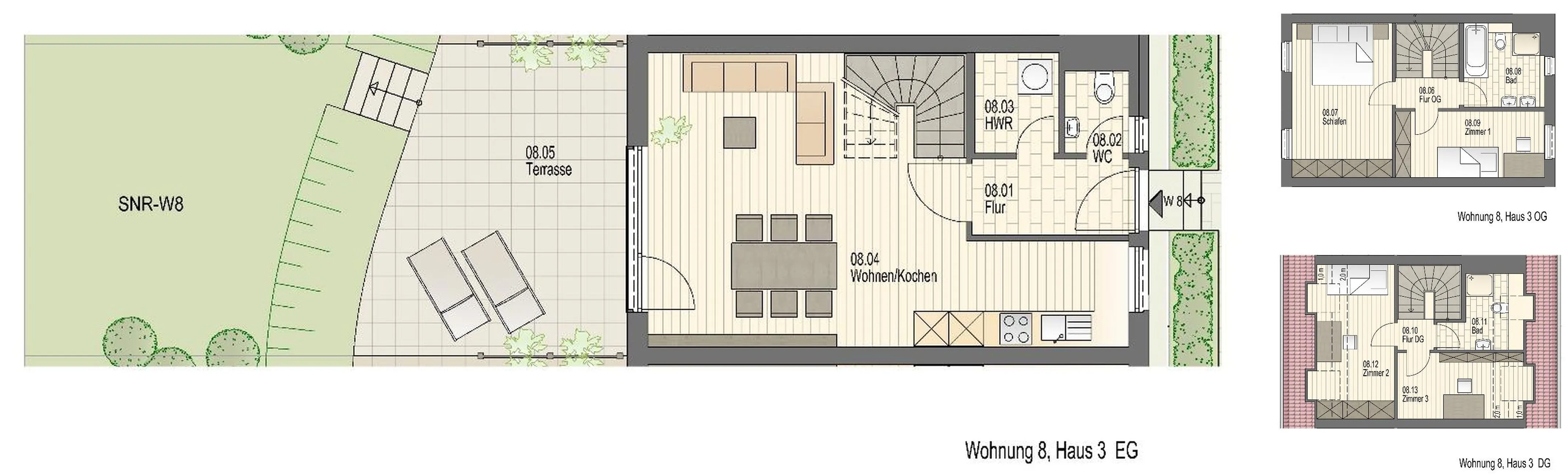 Grundriss der Wohnung 8 im Haus Erle über drei Etagen: Erdgeschoss mit Wohnen/Kochen, Hauswirtschaftsraum und Terrasse, Obergeschoss mit Schlafen, Zimmer und Bad, Dachgeschoss mit zwei Zimmern und Duschbad.