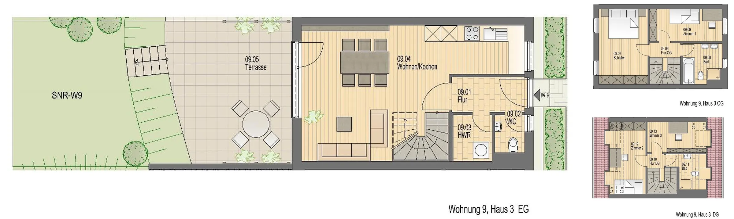 Grundriss der Wohnung 9 im Haus Erle über drei Etagen: Erdgeschoss mit Wohnen/Kochen, Hauswirtschaftsraum und Terrasse, Obergeschoss mit Schlafen, Zimmer und Bad, Dachgeschoss mit zwei Zimmern und Duschbad.