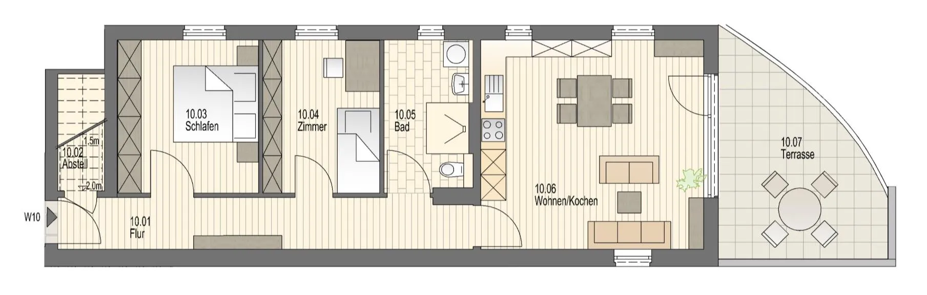 Grundriss der Wohnung 10 im Haus Erle: ebenerdige Erdgeschosswohnung mit Wohnen/Kochen, Schlafen, Zimmer, Bad, Abstellraum und Terrasse.