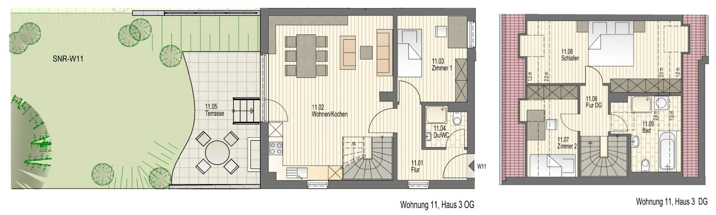 Grundriss der Wohnung 11 im Haus Erle: Maisonette über Ober- und Dachgeschoss mit Wohnen/Kochen, Terrasse, zwei Zimmern, Schlafen, Bad und Dusche/WC.