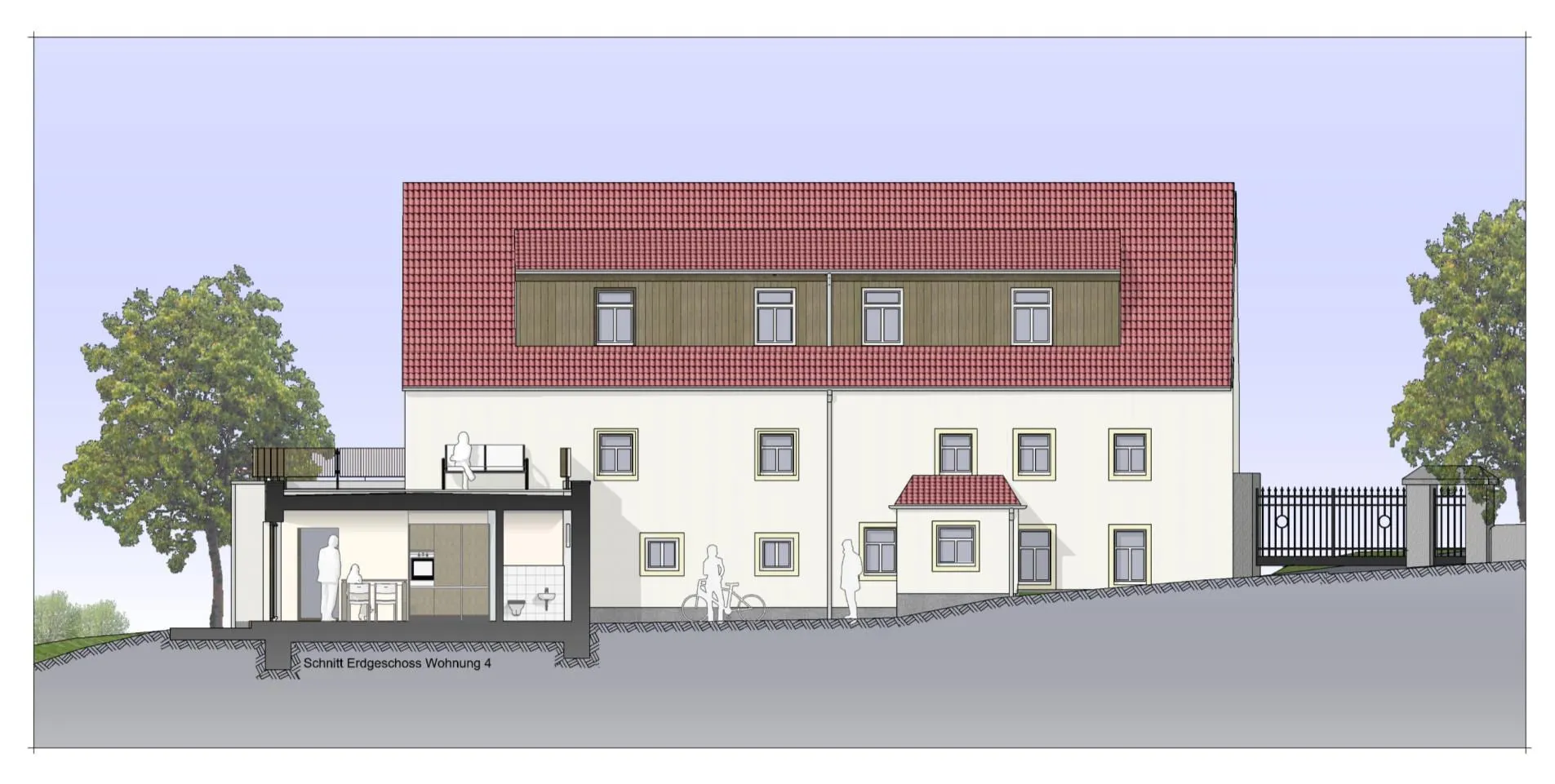 Visualisierung der Ansicht West auf das denkmalgeschützte Haus am Brunnen mit Satteldach, Gauben und hell verputzter Fassade.