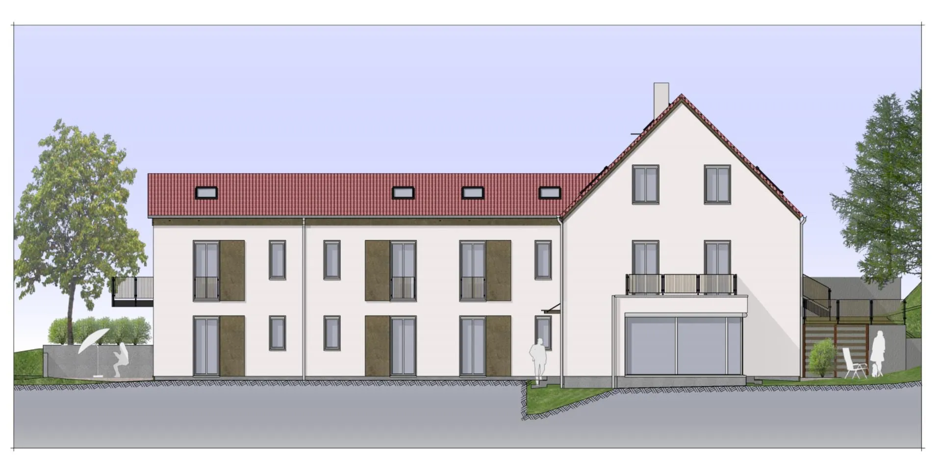 Visualisierung der Hofseite (Ansicht Nord) des Neubaus Haus Erle: helle Putzfassade mit holzverkleideten Fensterachsen, Balkonen und dem verglasten Wintergarten am Giebel.
