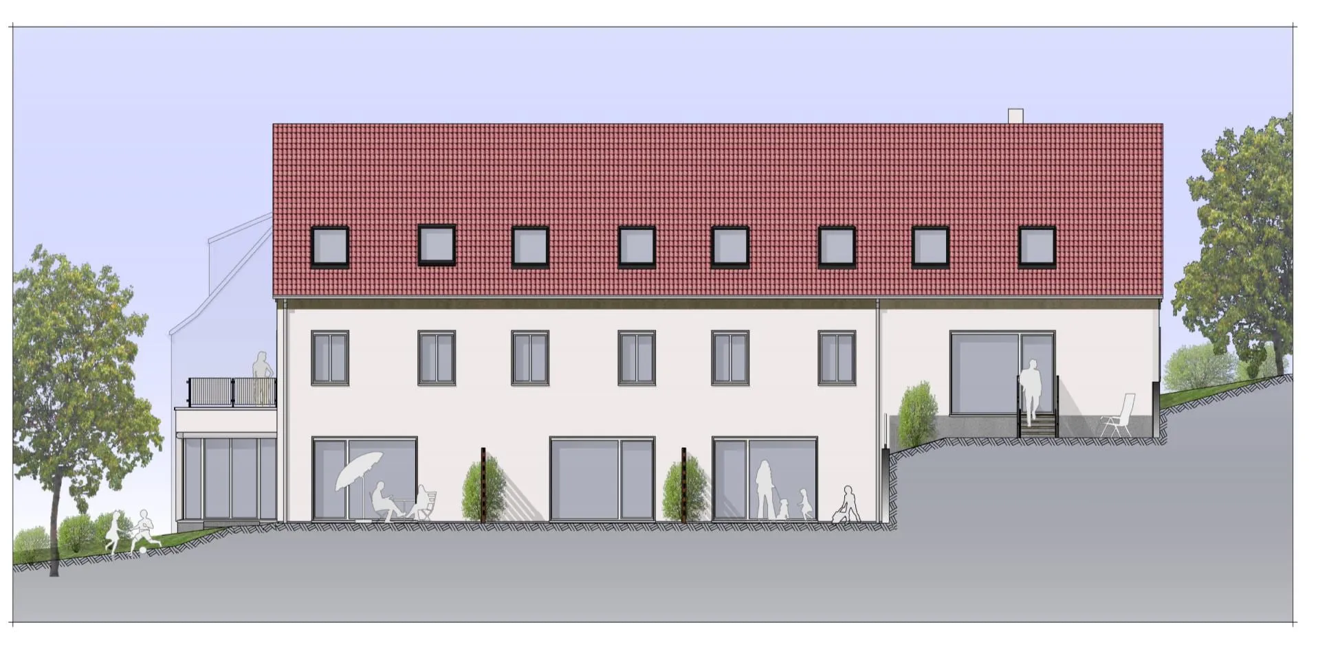 Visualisierung der Ansicht West auf den Neubau Haus Erle mit rotem Satteldach, Dachgauben und den bodentiefen Fenstern der Wohnungen 7 bis 12.