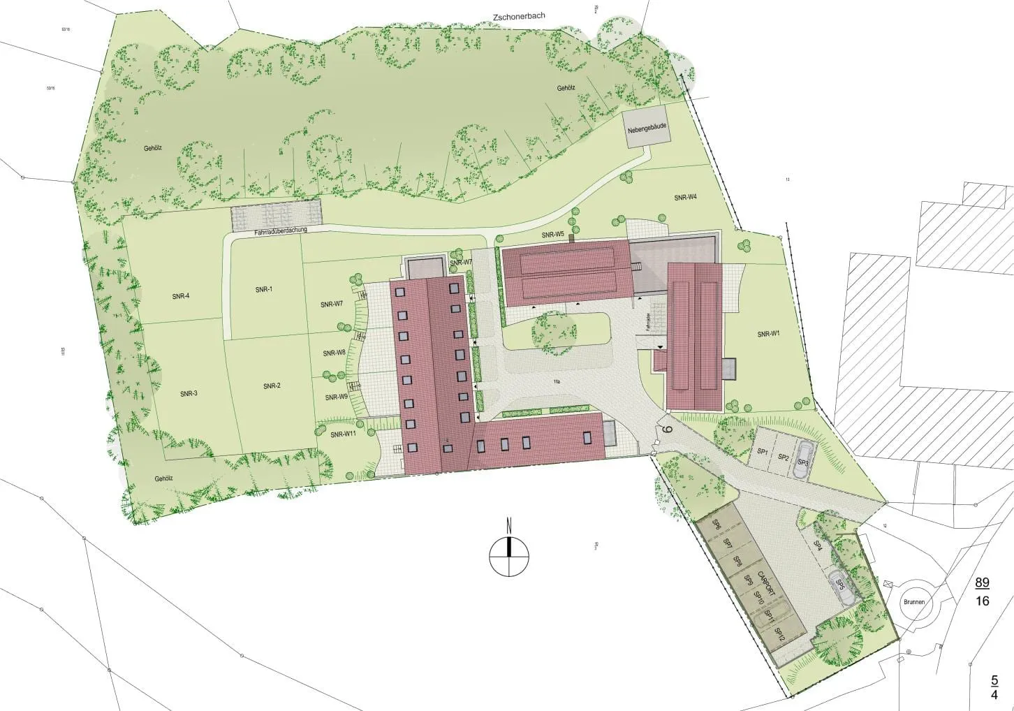 Lageplan des Vierseitenhofs Am Erlengrund 6 mit den drei Häusern: 1 Haus am Brunnen, 2 Haus alte Scheune, 3 Haus Erle, dazu Hoffläche, Gartenflächen und Zufahrt.