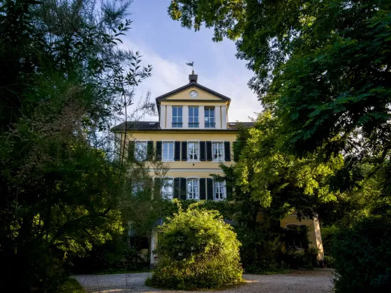 Gelbe Villa mit dunklen Fensterläden und Uhrengiebel hinter alten Bäumen