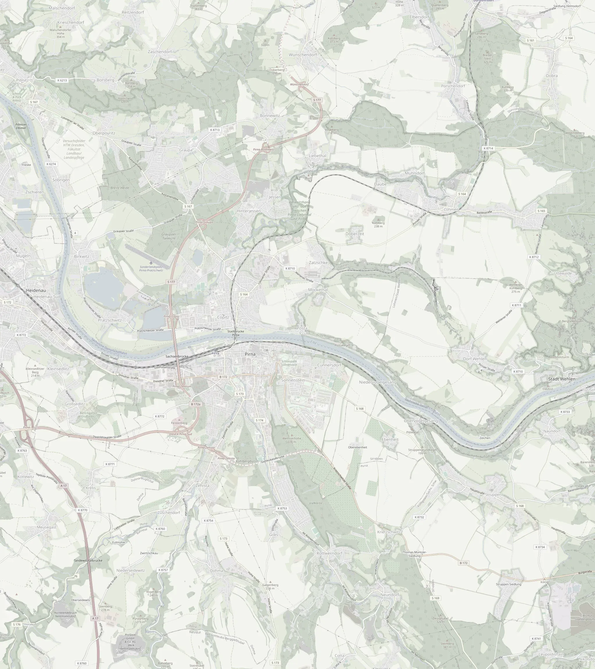 Karte des Pirnaer Stadtgebiets mit der Elbe, der Altstadt und den Ortsteilen