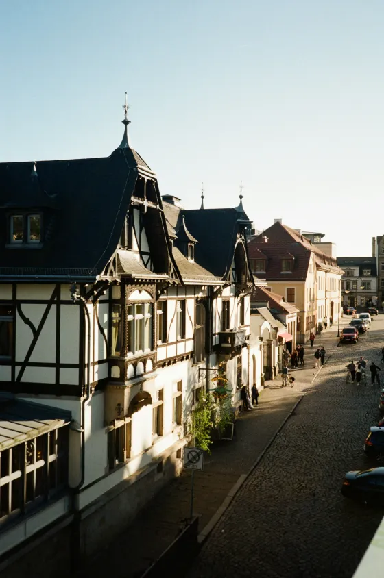 Historischer Straßenzug in Dresden im Abendlicht: Altbauten mit Fachwerk-Giebeln an einer gepflasterten Wohnstraße