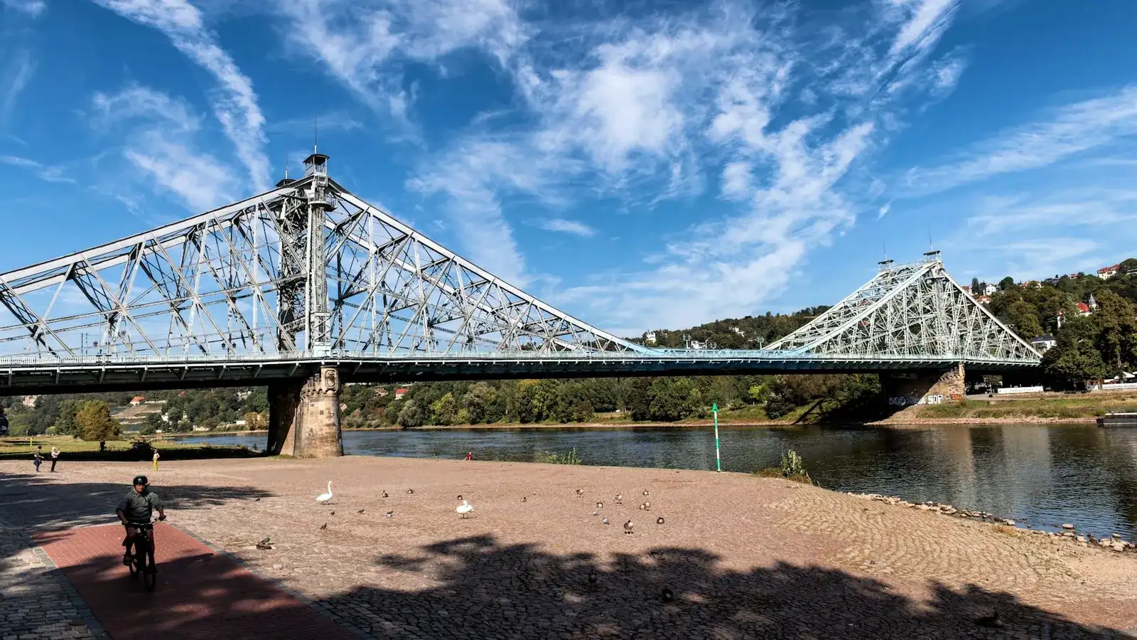 Das Blaue Wunder spannt sich in seitlicher Ansicht über die Elbe, aufgenommen vom gepflasterten Blasewitzer Elbufer mit Schwänen und einem Radfahrer im Vordergrund; dahinter die bewaldeten Elbhänge mit Villen unter blauem Wolkenhimmel – der Uferblick im Dresdner Stadtteil Blasewitz.